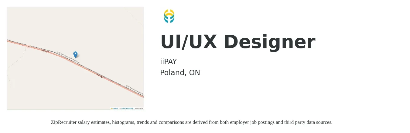 iiPAY job posting for a UI/UX Designer in Poland, ON with a map of Poland location.