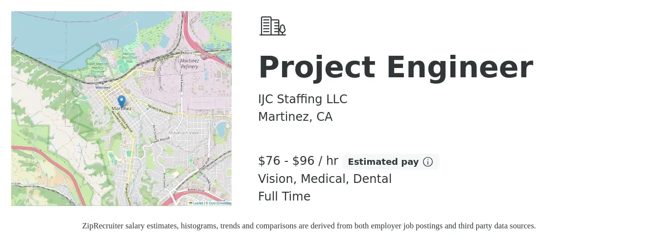 IJC Staffing LLC job posting for a Project Engineer in Martinez, CA with a salary of $80 to $100 Hourly and benefits including life_insurance, medical, pto, retirement, vision, and dental with a map of Martinez location.