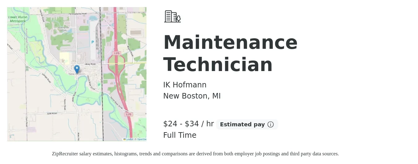 IK Hofmann job posting for a Maintenance Technician in New Boston, MI with a salary of $25 to $36 Hourly with a map of New Boston location.