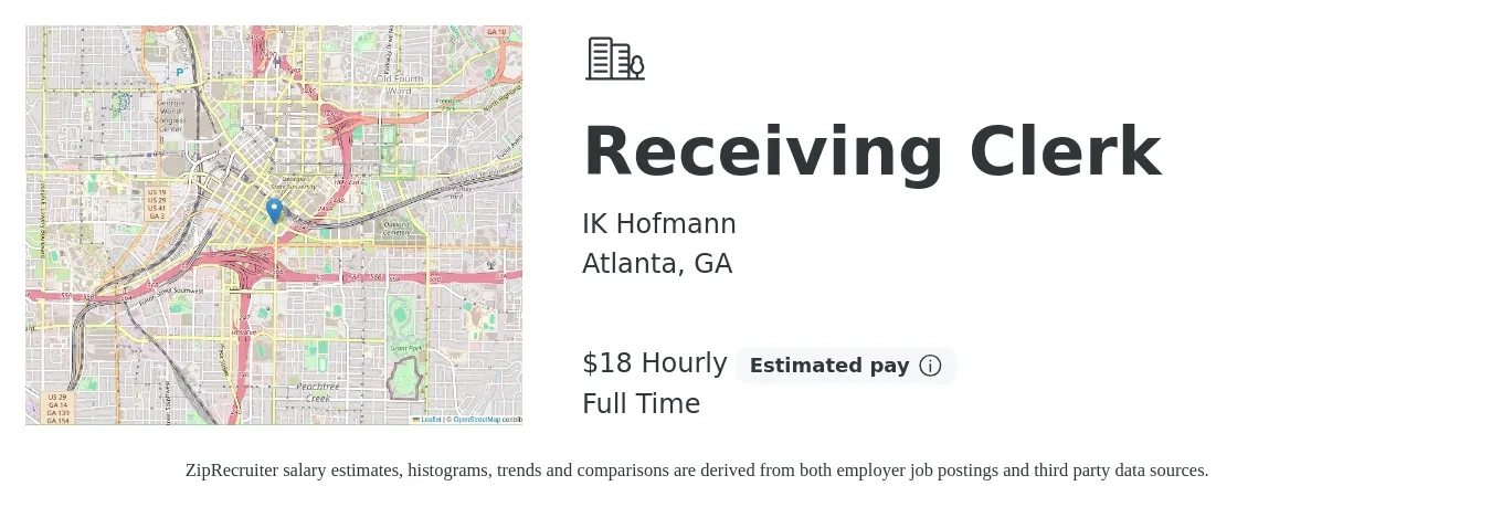 IK Hofmann job posting for a Receiving Clerk in Atlanta, GA with a salary of $19 Hourly with a map of Atlanta location.