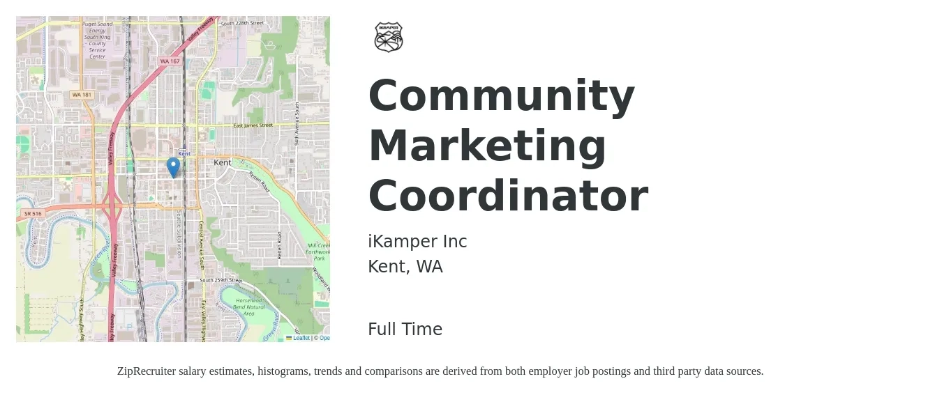 iKamper Inc job posting for a Community Marketing Coordinator in Kent, WA with a salary of $50,000 to $68,000 Yearly with a map of Kent location.