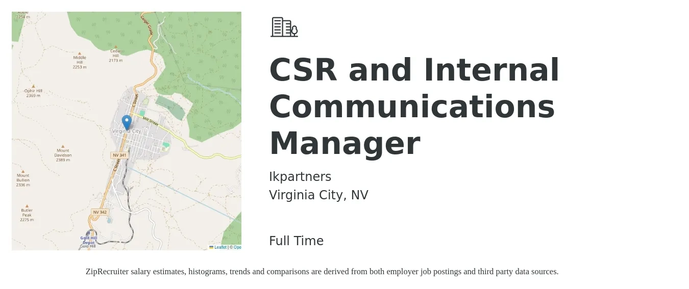 Ikpartners job posting for a CSR and Internal Communications Manager in Virginia City, NV with a salary of $42,000 to $71,600 Yearly with a map of Virginia City location.
