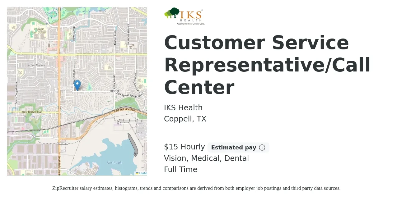 IKS Health job posting for a Customer Service Representative/Call Center in Coppell, TX with a salary of $16 Hourly (plus commission) and benefits including retirement, vision, dental, life_insurance, and medical with a map of Coppell location.