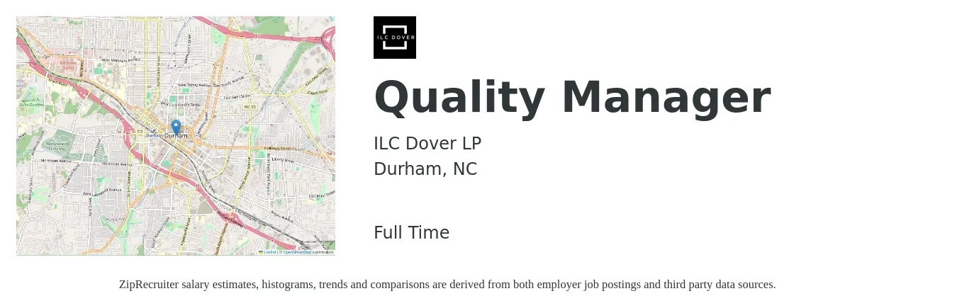 ILC Dover LP job posting for a Quality Manager in Durham, NC with a salary of $63,900 to $99,700 Yearly with a map of Durham location.