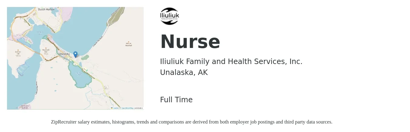 Iliuliuk Family and Health Services, Inc. job posting for a Nurse in Unalaska, AK with a salary of $39 to $55 Hourly with a map of Unalaska location.