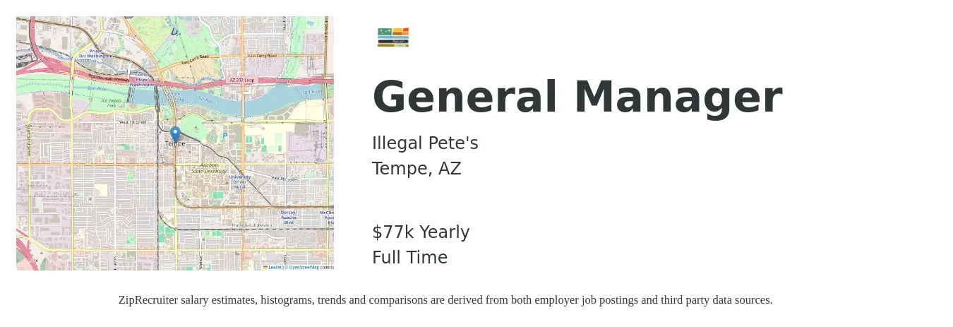 Illegal Pete's job posting for a General Manager in Tempe, AZ with a salary of $77,000 Yearly with a map of Tempe location.