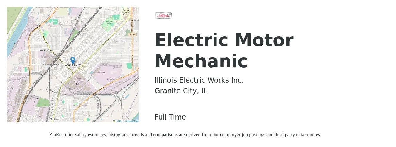 Illinois Electric Works Inc. job posting for a Electric Motor Mechanic in Granite City, IL with a salary of $20 to $26 Hourly with a map of Granite City location.