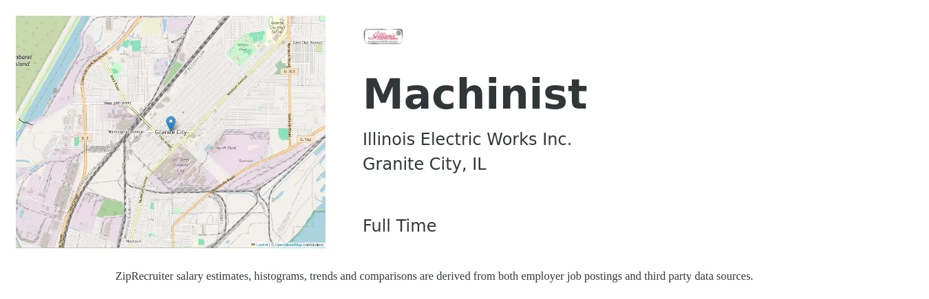 Illinois Electric Works Inc. job posting for a Machinist in Granite City, IL with a salary of $21 to $28 Hourly with a map of Granite City location.