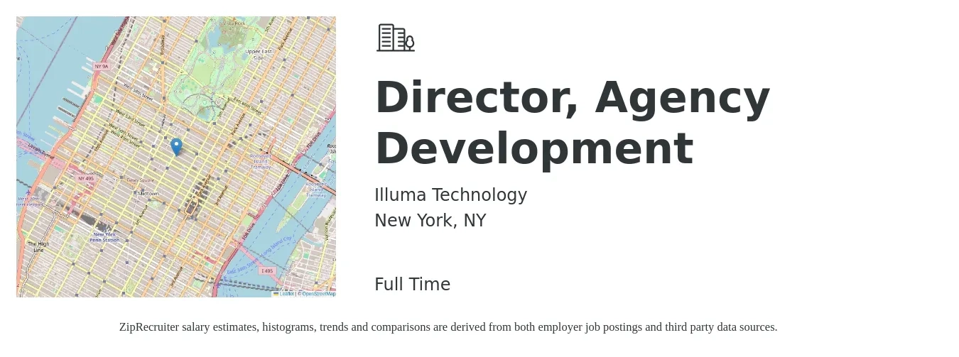 Illuma Technology job posting for a Director, Agency Development in New York, NY with a salary of $102,300 to $165,700 Yearly with a map of New York location.