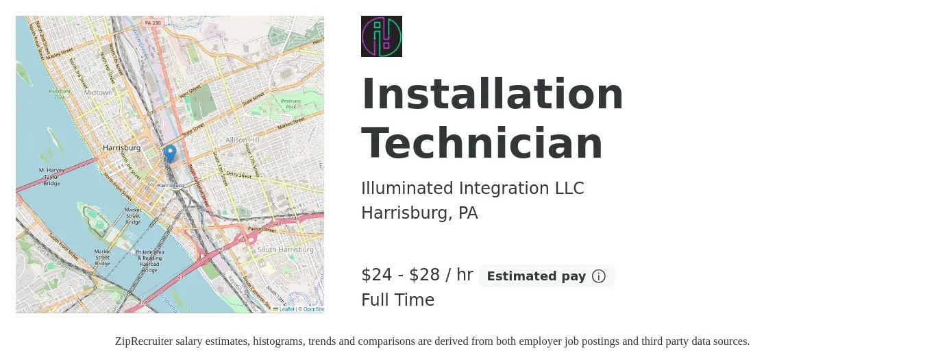 Illuminated Integration LLC job posting for a Installation Technician in Harrisburg, PA with a salary of $25 to $30 Hourly with a map of Harrisburg location.