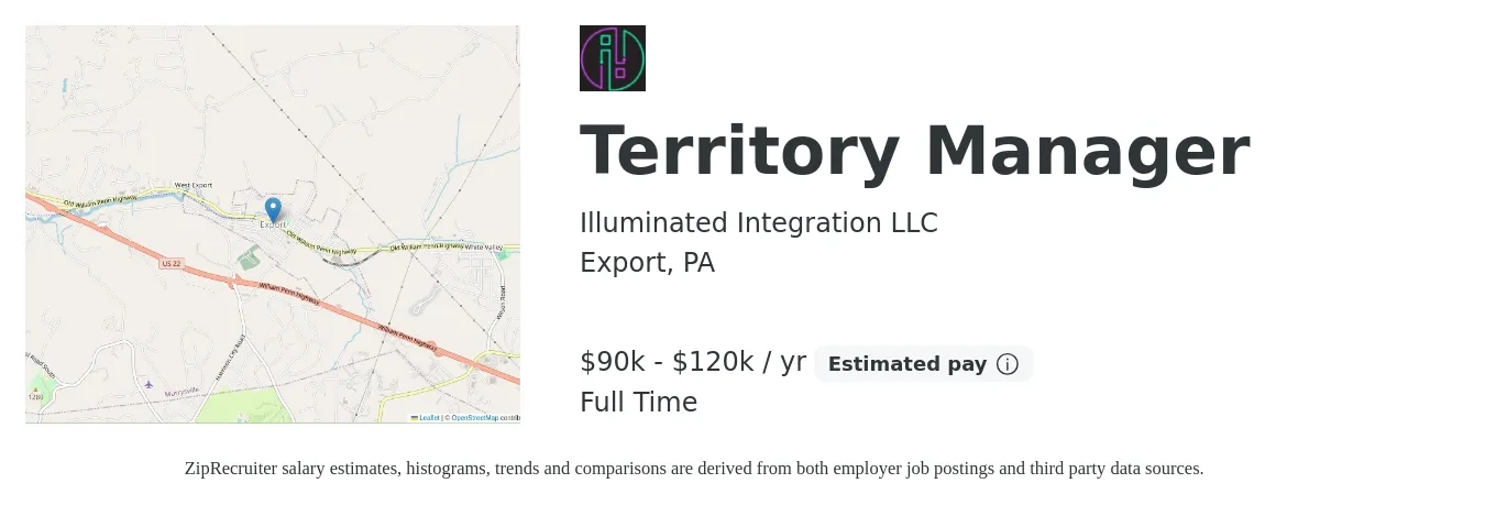 Illuminated Integration LLC job posting for a Territory Manager in Export, PA with a salary of $90,000 to $120,000 Yearly with a map of Export location.
