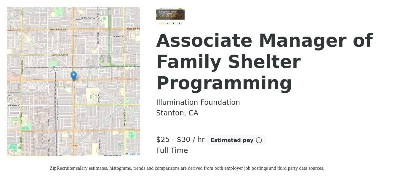 Illumination Foundation job posting for a Associate Manager of Family Shelter Programming in Stanton, CA with a salary of $27 to $32 Hourly with a map of Stanton location.