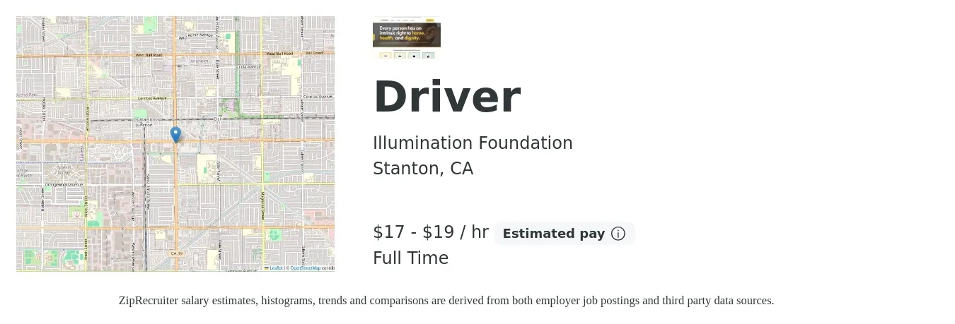 Illumination Foundation job posting for a Driver in Stanton, CA with a salary of $18 to $20 Hourly with a map of Stanton location.