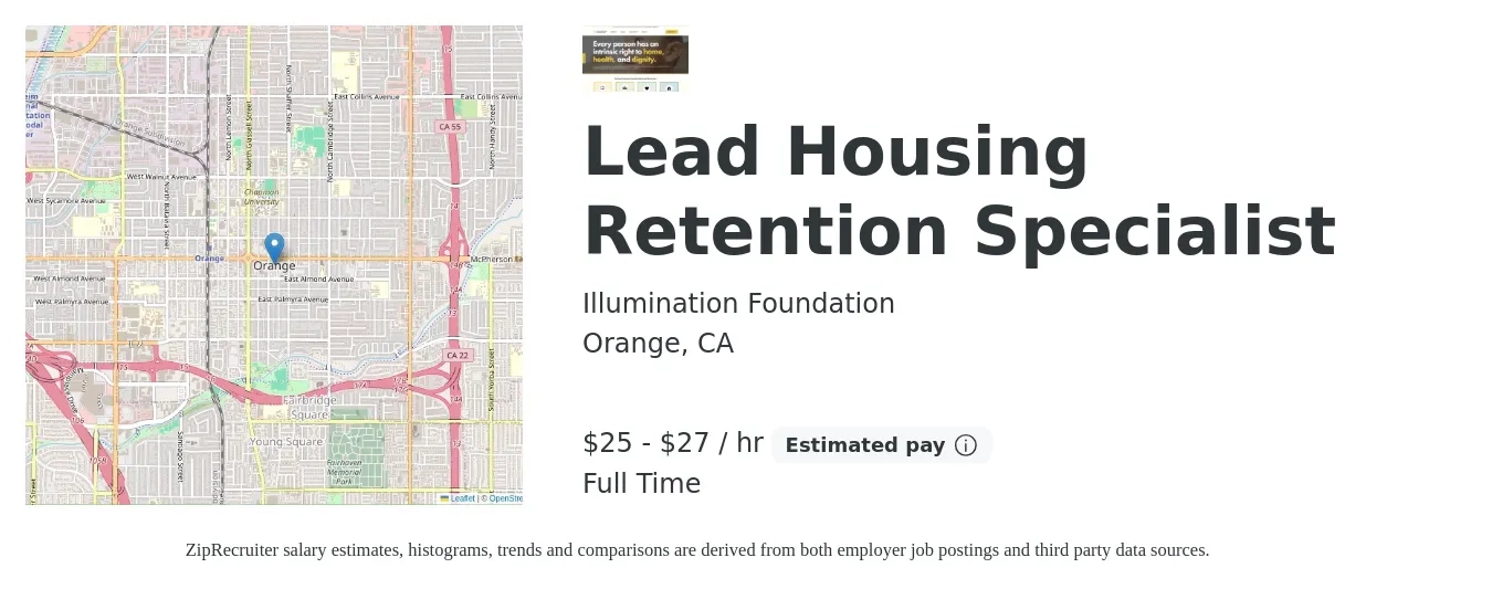 Illumination Foundation job posting for a Lead Housing Retention Specialist in Orange, CA with a salary of $27 to $29 Hourly with a map of Orange location.