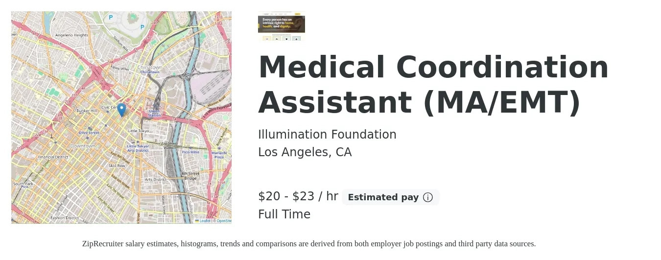 Illumination Foundation job posting for a Medical Coordination Assistant (MA/EMT) in Los Angeles, CA with a salary of $22 to $24 Hourly with a map of Los Angeles location.