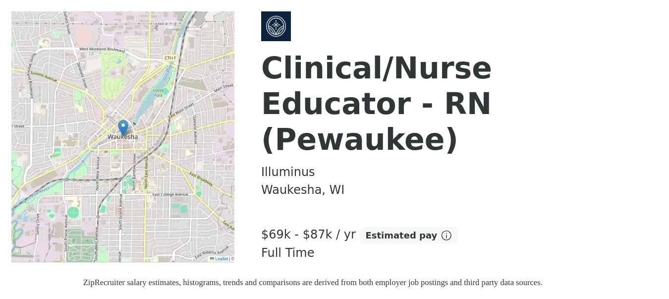 Illuminus job posting for a Clinical/Nurse Educator - RN (Pewaukee) in Waukesha, WI with a salary of $39 to $54 Hourly with a map of Waukesha location.