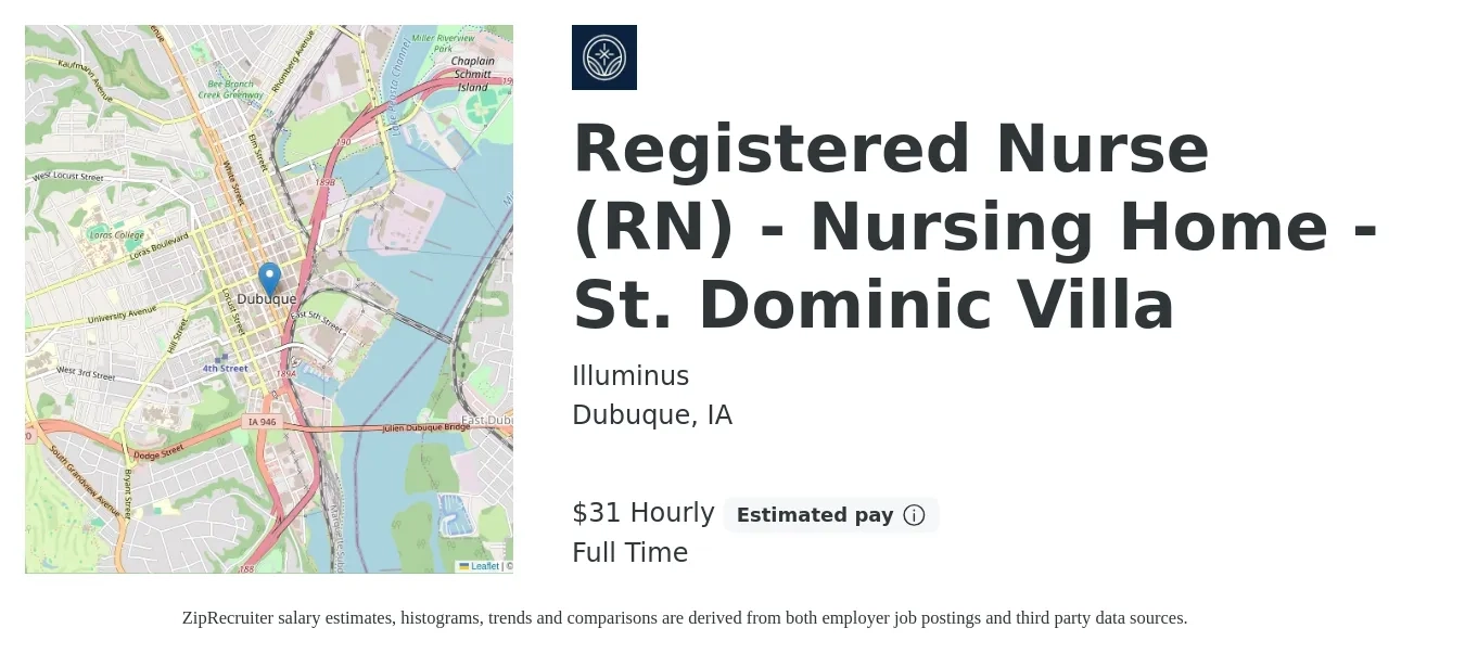 Illuminus job posting for a Registered Nurse (RN) - Nursing Home - St. Dominic Villa in Dubuque, IA with a salary of $33 to $51 Hourly with a map of Dubuque location.