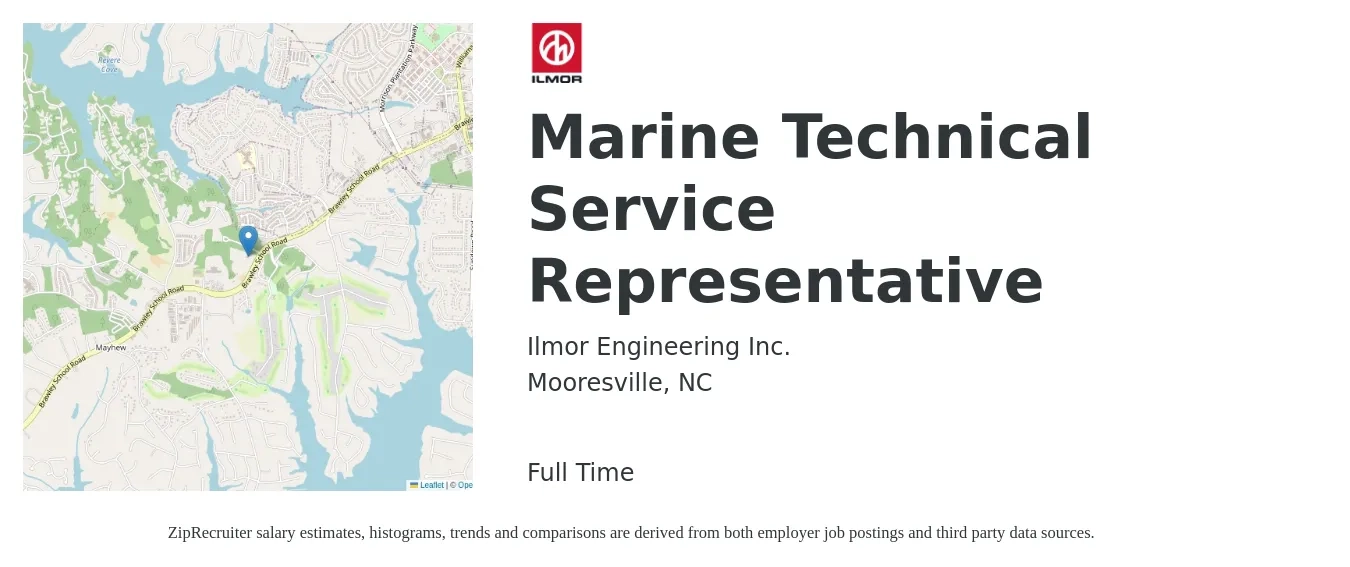 ILMOR ENGINEERING, INC. job posting for a Marine Technical Service Representative in Mooresville, NC with a salary of $16 to $23 Hourly with a map of Mooresville location.