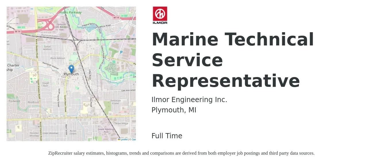 ILMOR ENGINEERING, INC. job posting for a Marine Technical Service Representative in Plymouth, MI with a salary of $17 to $23 Hourly with a map of Plymouth location.