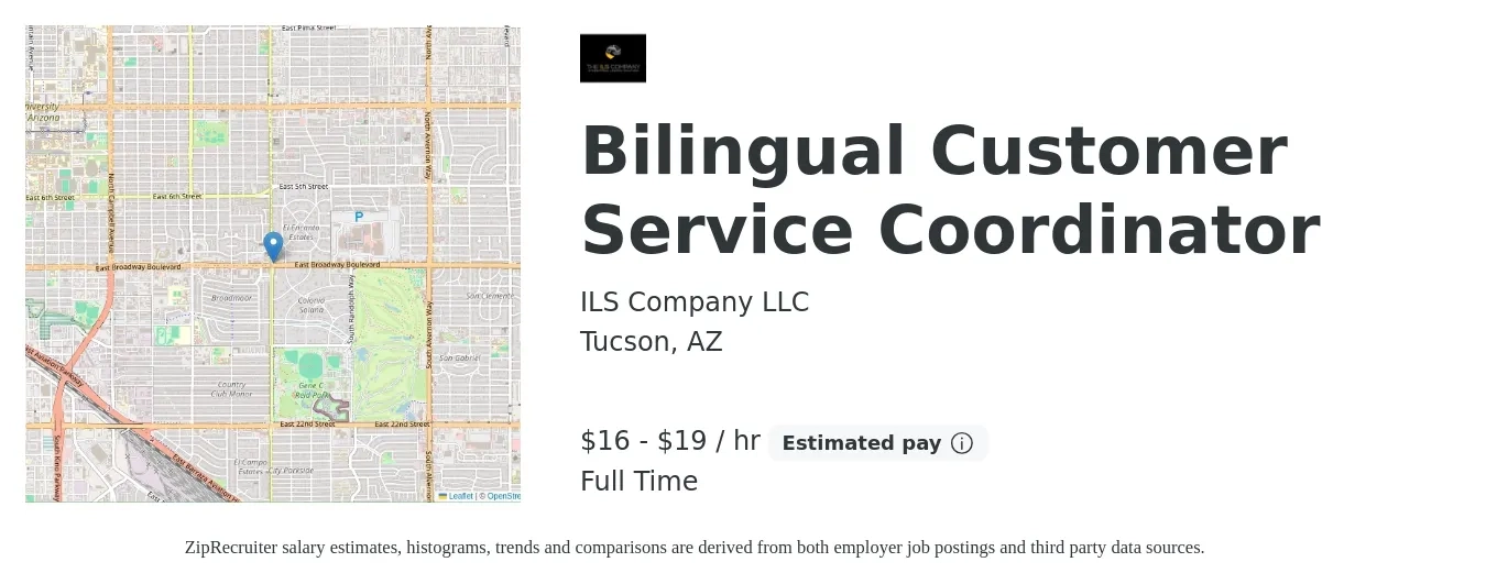 ILS Company LLC job posting for a Bilingual Customer Service Coordinator in Tucson, AZ with a salary of $17 to $20 Hourly with a map of Tucson location.