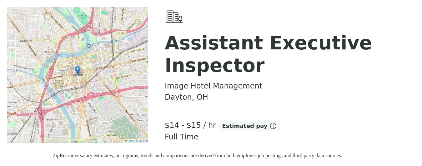 Image Hotel Management job posting for a Assistant Executive Inspector in Dayton, OH with a salary of $15 to $16 Hourly with a map of Dayton location.