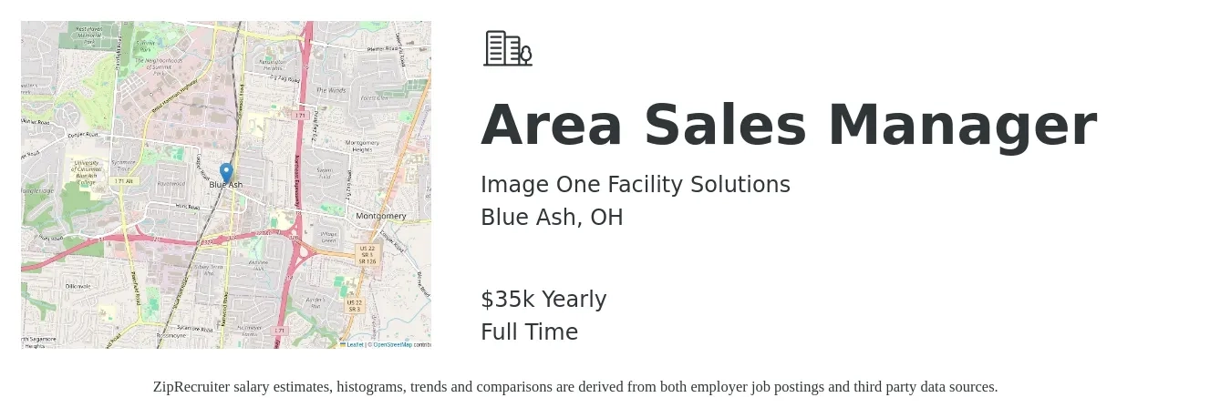 Image One Facility Solutions job posting for a Area Sales Manager in Blue Ash, OH with a salary of $35,000 Yearly with a map of Blue Ash location.