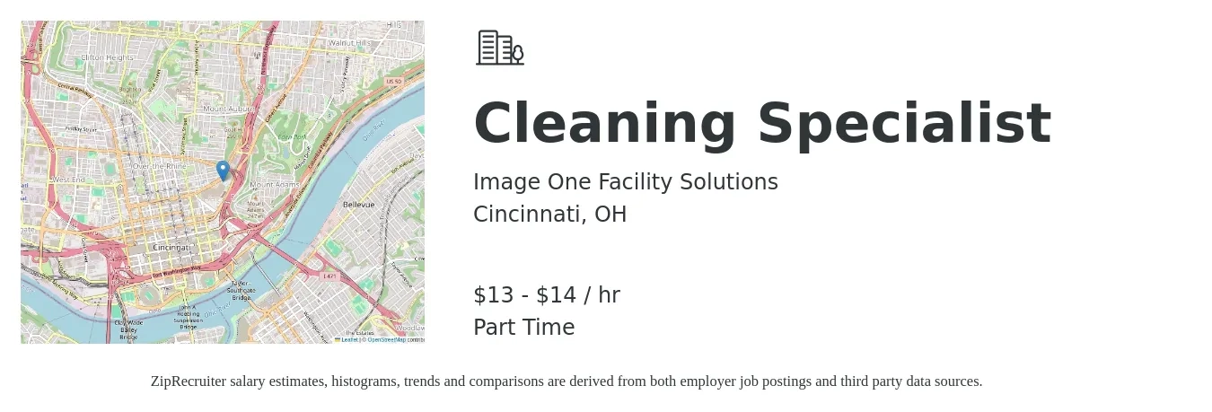 Image One Facility Solutions job posting for a Cleaning Specialist in Cincinnati, OH with a salary of $14 to $15 Hourly with a map of Cincinnati location.