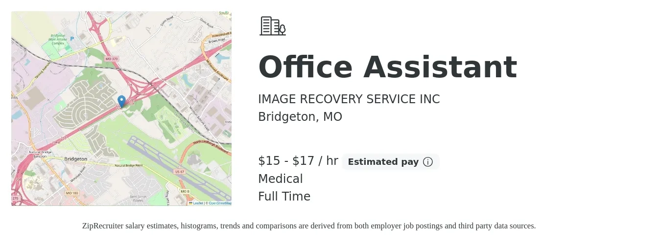 IMAGE RECOVERY SERVICE INC job posting for a Office Assistant in Bridgeton, MO with a salary of $16 to $18 Hourly and benefits including retirement, and medical with a map of Bridgeton location.