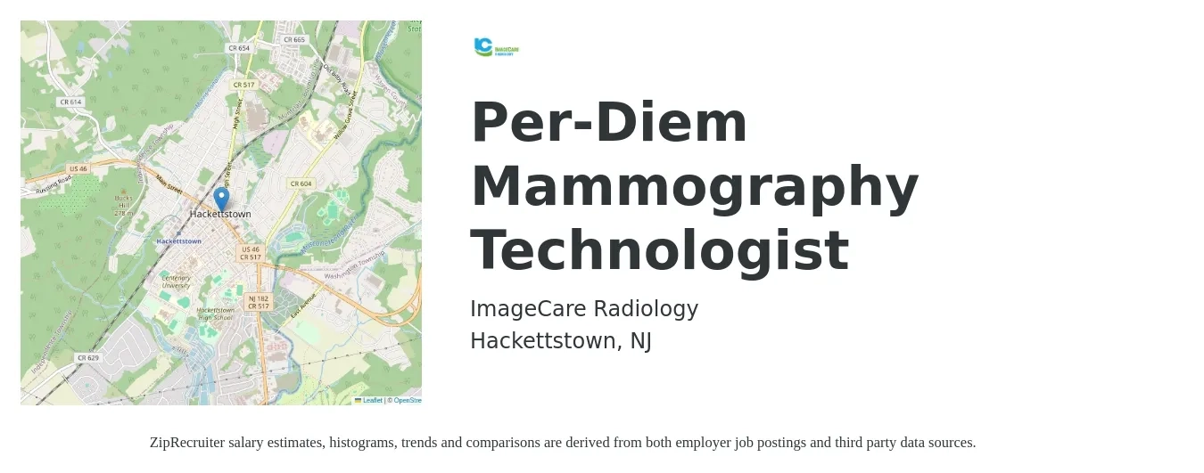 ImageCare Radiology job posting for a Per-Diem Mammography Technologist in Hackettstown, NJ with a salary of $31 to $58 Hourly with a map of Hackettstown location.