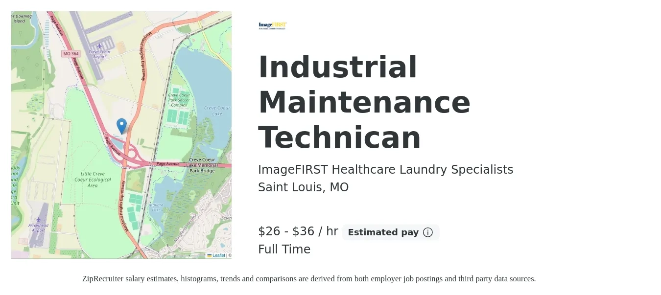 ImageFIRST Healthcare Laundry Specialists job posting for a Industrial Maintenance Technican in Saint Louis, MO with a salary of $28 to $38 Hourly with a map of Saint Louis location.