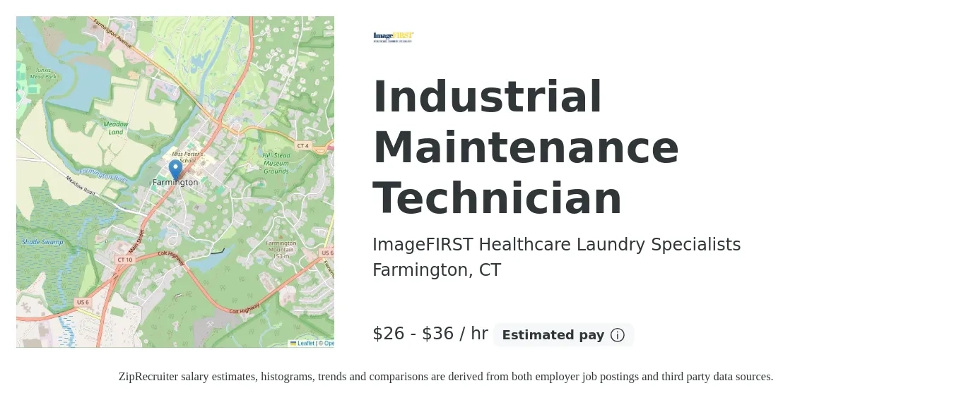ImageFIRST Healthcare Laundry Specialists job posting for a Industrial Maintenance Technician in Farmington, CT with a salary of $25 to $30 Hourly with a map of Farmington location.