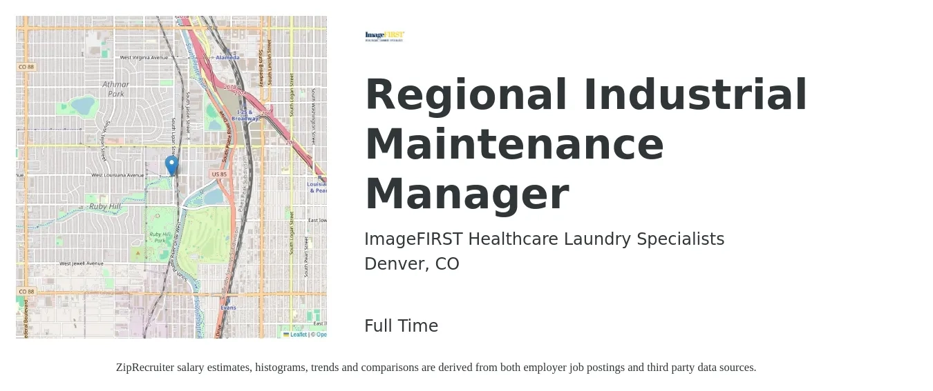 ImageFIRST Healthcare Laundry Specialists job posting for a Regional Industrial Maintenance Manager in Denver, CO with a salary of $67,800 to $87,600 Yearly with a map of Denver location.