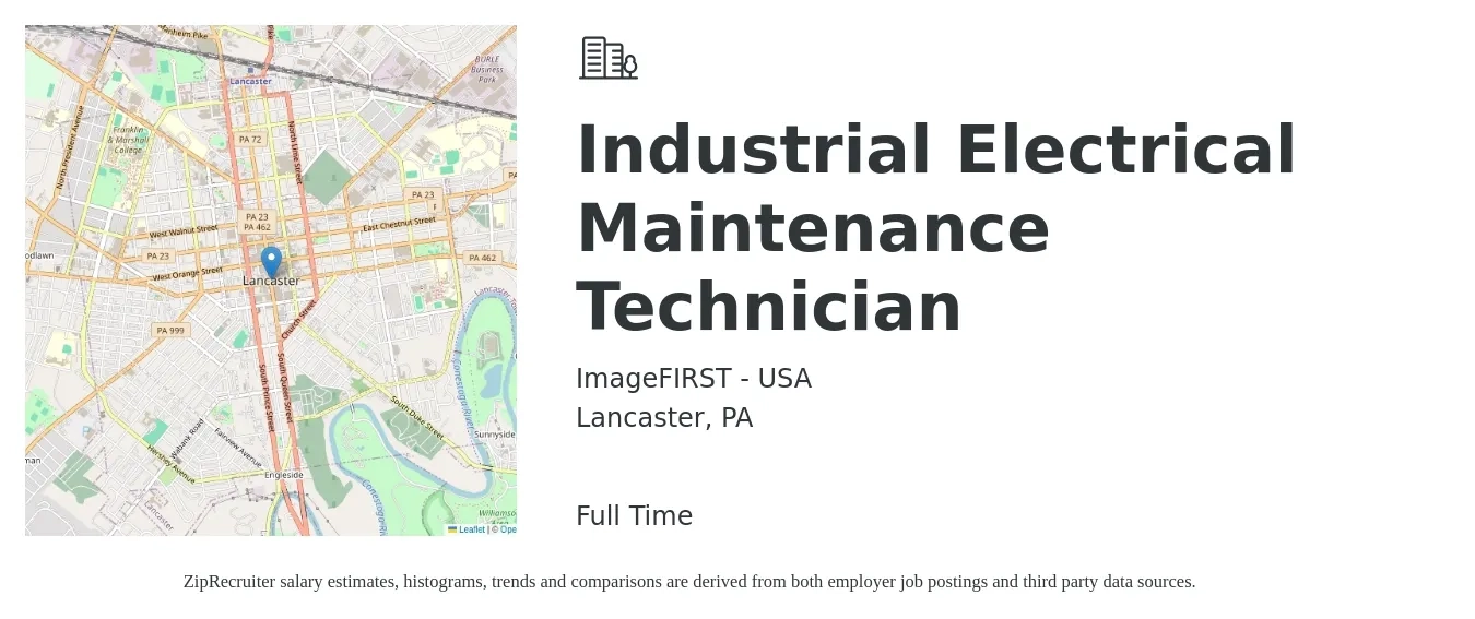ImageFIRST - USA job posting for a Industrial Electrical Maintenance Technician in Lancaster, PA with a salary of $25 to $26 Hourly with a map of Lancaster location.