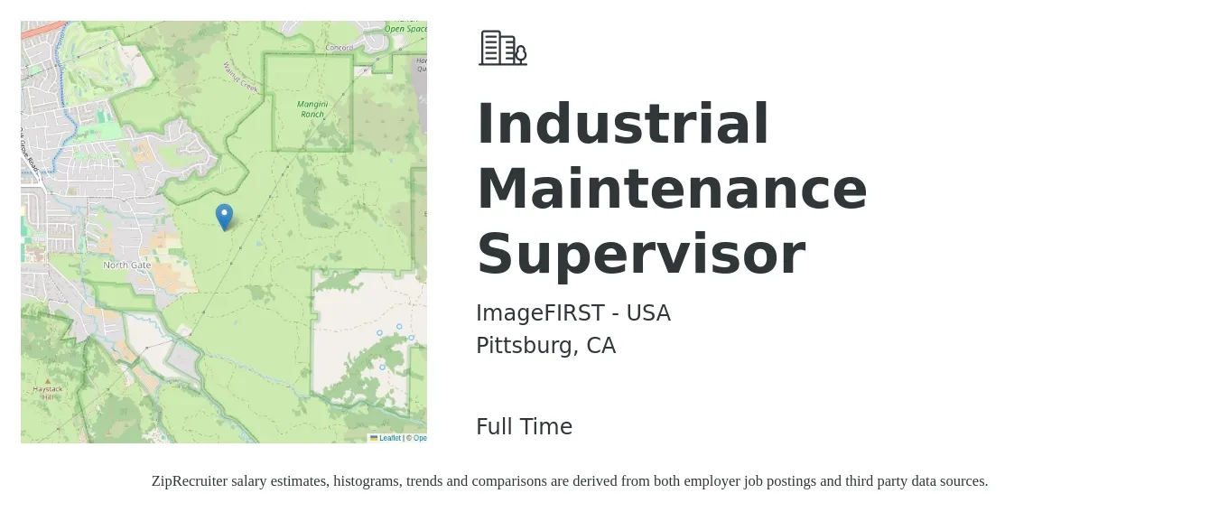 ImageFIRST - USA job posting for a Industrial Maintenance Supervisor in Pittsburg, CA with a salary of $38 to $43 Hourly with a map of Pittsburg location.
