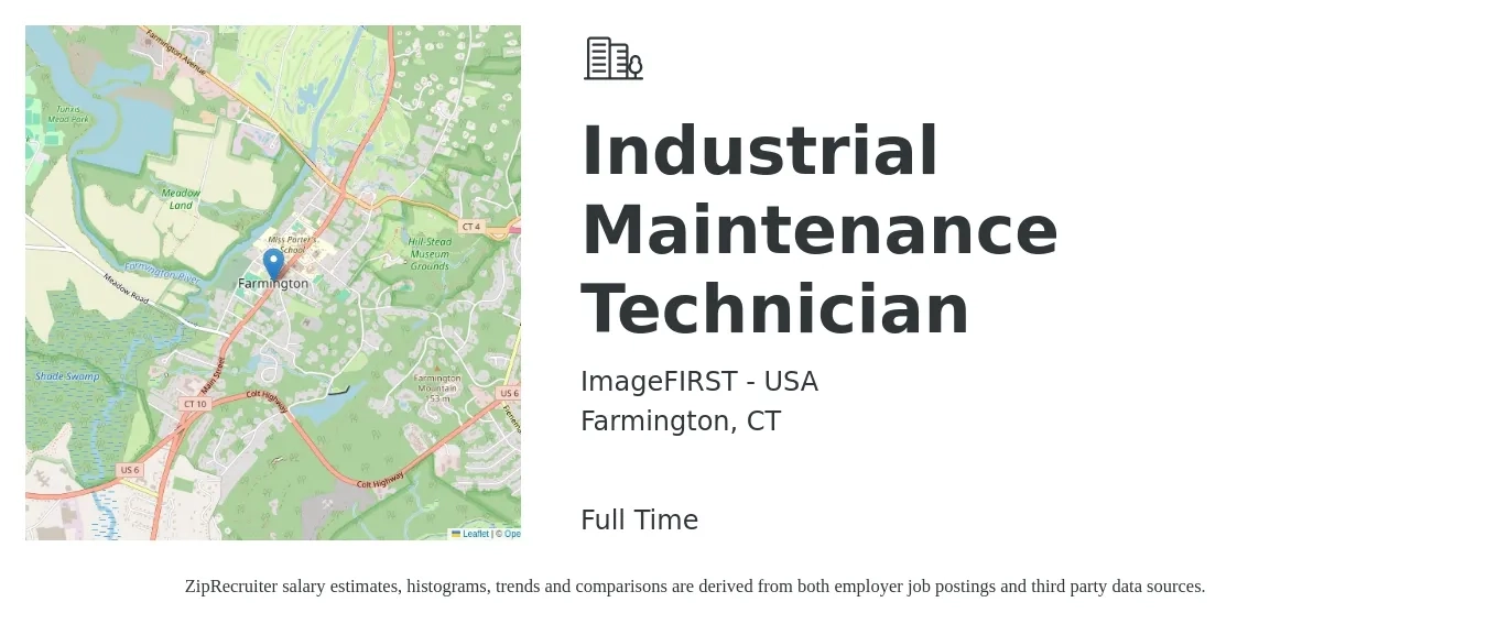 ImageFIRST - USA job posting for a Industrial Maintenance Technician in Farmington, CT with a salary of $30 to $40 Hourly with a map of Farmington location.