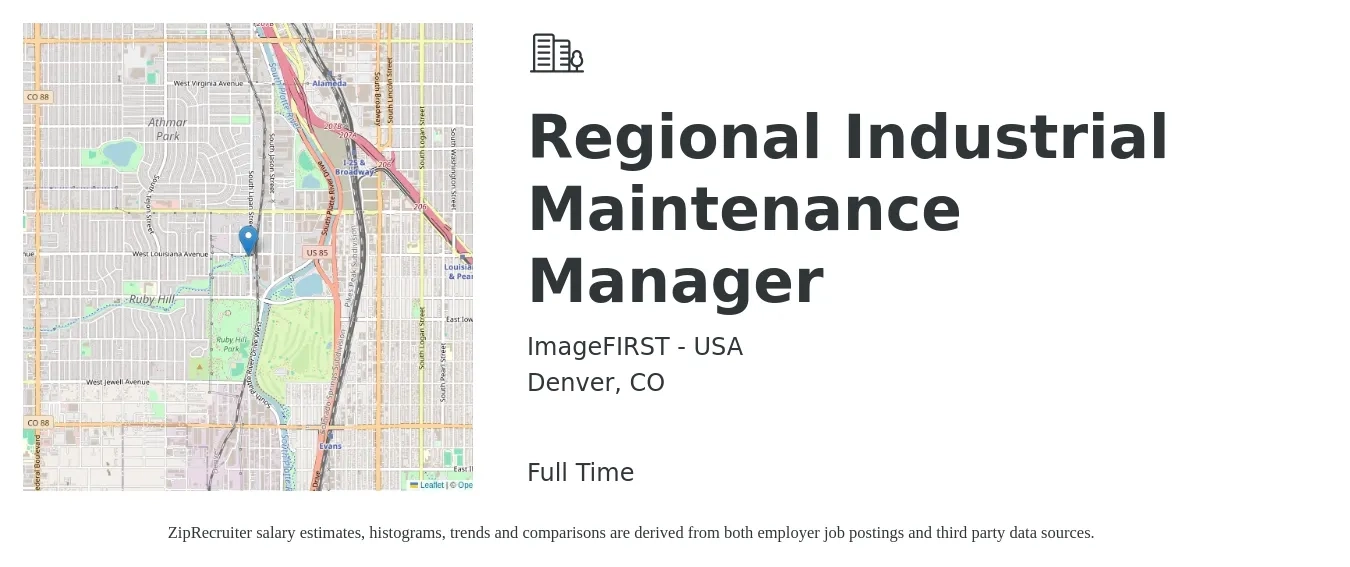 ImageFIRST - USA job posting for a Regional Industrial Maintenance Manager in Denver, CO with a salary of $58 to $65 Hourly with a map of Denver location.