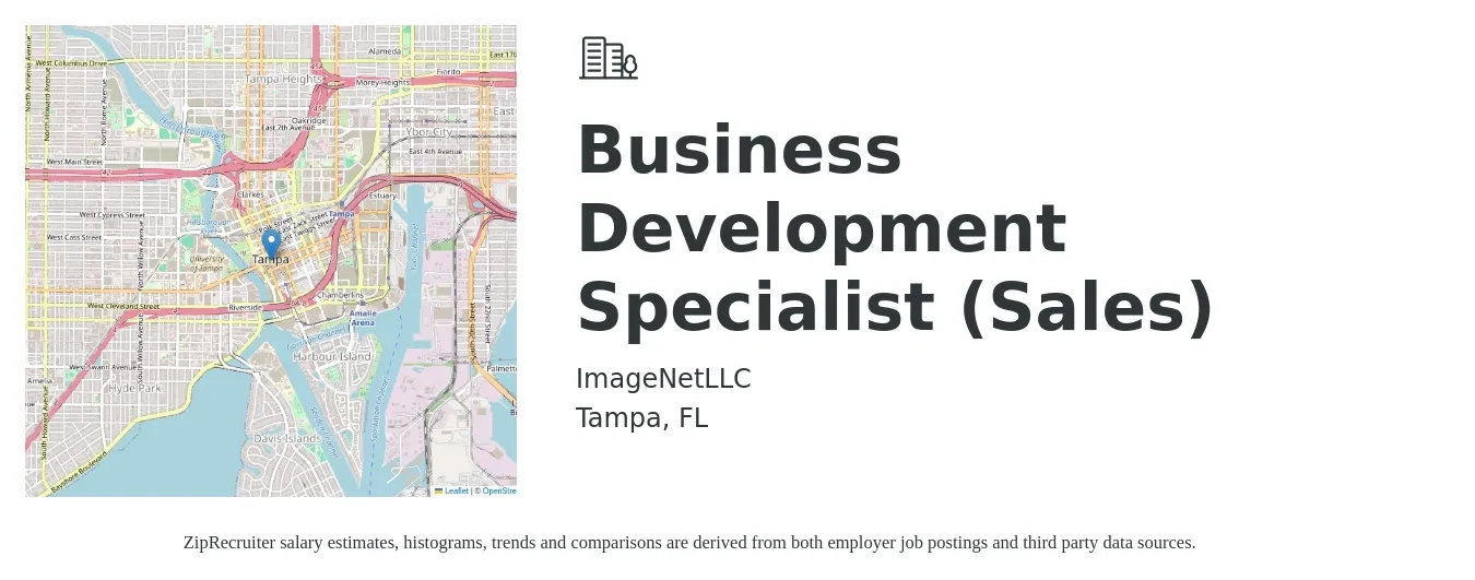 ImageNetLLC job posting for a Business Development Specialist (Sales) in Tampa, FL with a salary of $60,000 to $75,000 Yearly with a map of Tampa location.