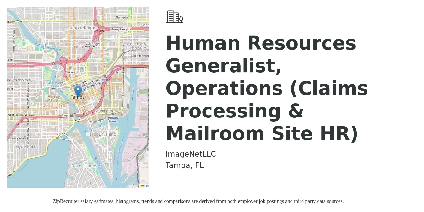 ImageNetLLC job posting for a Human Resources Generalist, Operations (Claims Processing & Mailroom Site HR) in Tampa, FL with a salary of $49,100 to $69,900 Yearly with a map of Tampa location.