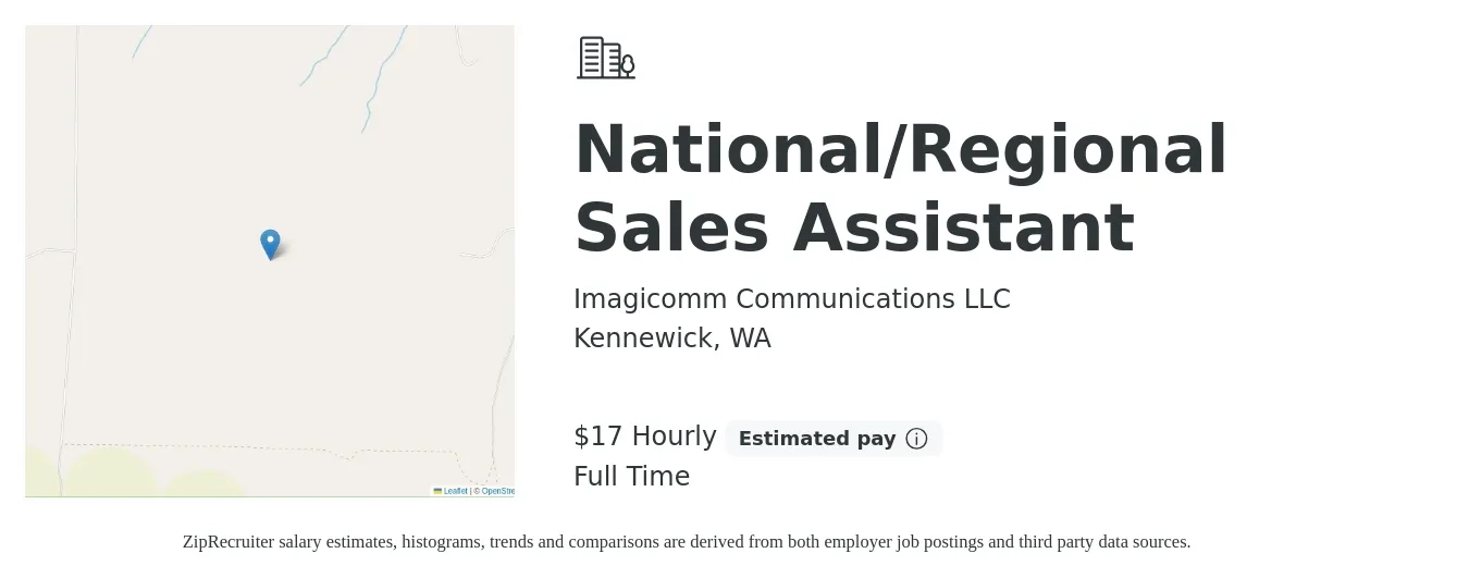 Imagicomm Communications LLC job posting for a National/Regional Sales Assistant in Kennewick, WA with a salary of $18 Hourly with a map of Kennewick location.