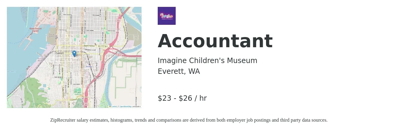 Imagine Children's Museum job posting for a Accountant in Everett, WA with a salary of $24 to $28 Hourly with a map of Everett location.