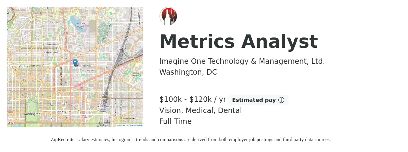 Imagine One Technology & Management job posting for a Metrics Analyst in Washington, DC with a salary of $100,000 to $120,000 Yearly and benefits including retirement, vision, dental, life_insurance, medical, and pto with a map of Washington location.