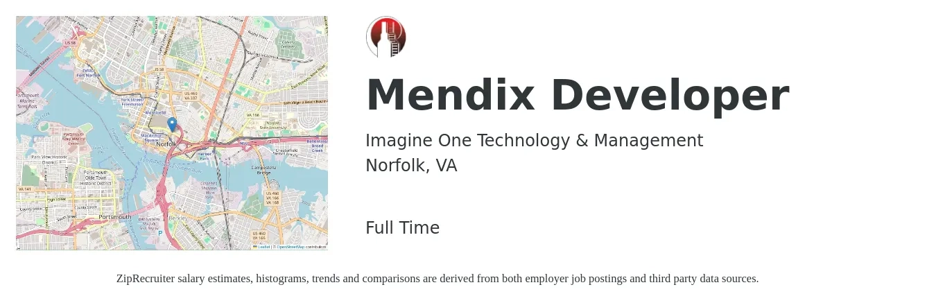 Imagine One Technology & Management job posting for a Mendix Developer in Norfolk, VA with a salary of $42 to $61 Hourly and benefits including retirement, vision, dental, life_insurance, and medical with a map of Norfolk location.