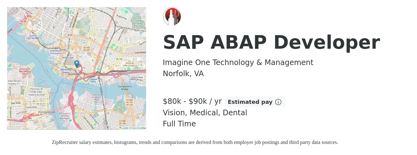 Imagine One Technology & Management job posting for a SAP ABAP Developer in Norfolk, VA with a salary of $80,000 to $90,000 Yearly and benefits including dental, life_insurance, medical, retirement, and vision with a map of Norfolk location.