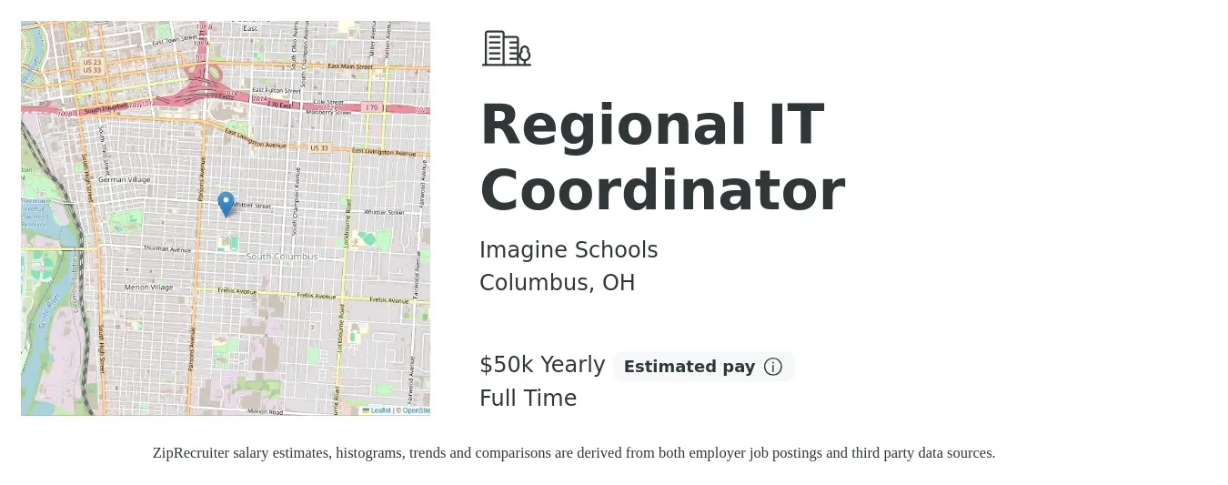 Imagine Schools job posting for a Regional IT Coordinator in Columbus, OH with a salary of $50,000 Yearly with a map of Columbus location.
