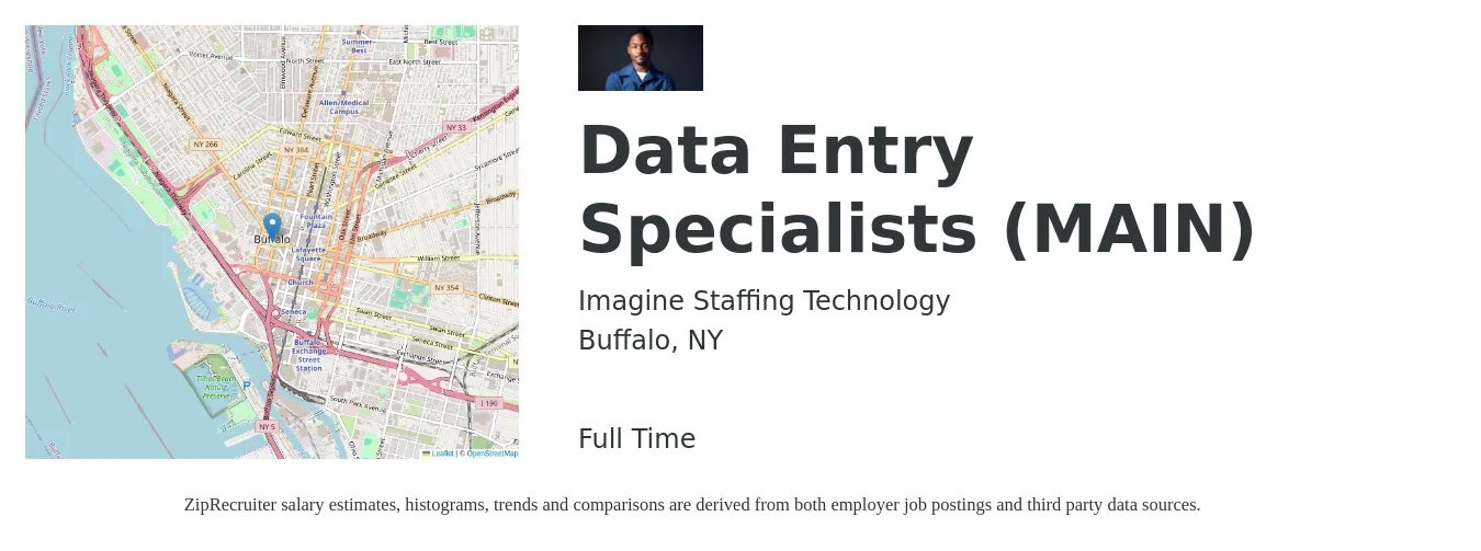 Imagine Staffing Technology job posting for a Data Entry Specialists (MAIN) in Buffalo, NY with a salary of $16 to $22 Hourly with a map of Buffalo location.
