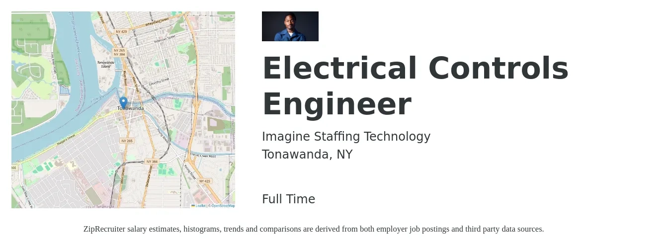 Imagine Staffing Technology job posting for a Electrical Controls Engineer in Tonawanda, NY with a salary of $74,900 to $100,100 Yearly with a map of Tonawanda location.