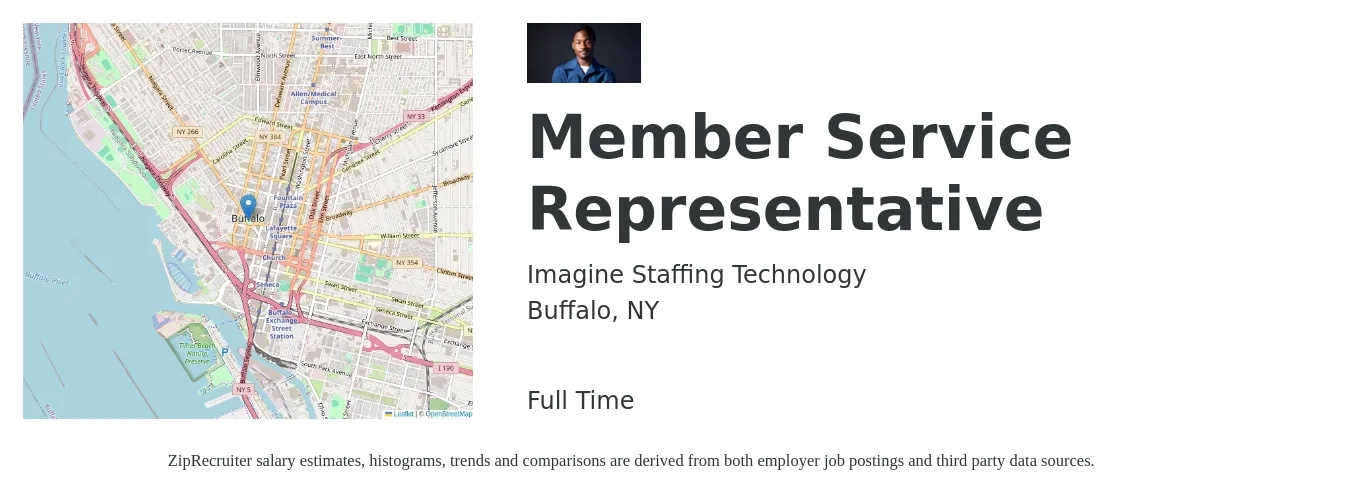 Imagine Staffing Technology job posting for a Member Service Representative in Buffalo, NY with a salary of $12 to $19 Hourly with a map of Buffalo location.