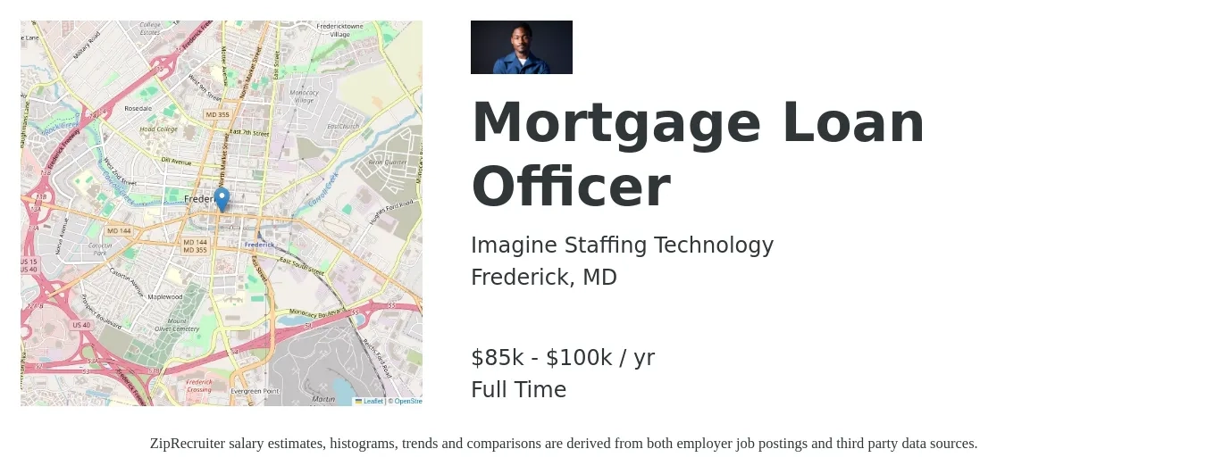 Imagine Staffing Technology job posting for a Mortgage Loan Officer in Frederick, MD with a salary of $85,000 to $100,000 Yearly with a map of Frederick location.