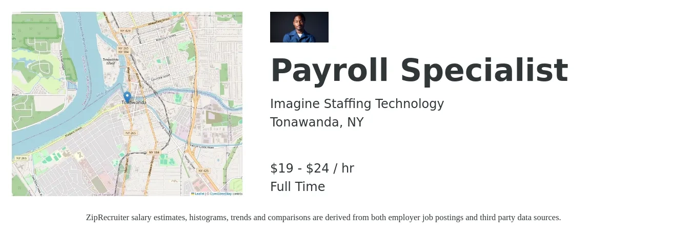 Imagine Staffing Technology job posting for a Payroll Specialist in Tonawanda, NY with a salary of $20 to $25 Hourly with a map of Tonawanda location.