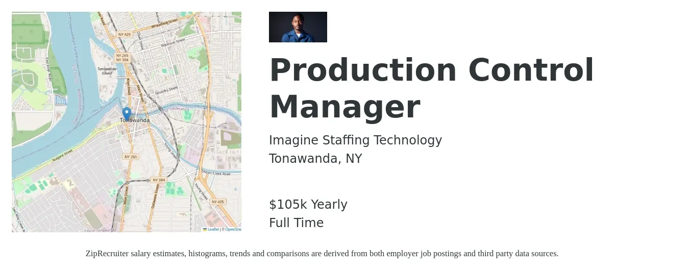 Imagine Staffing Technology job posting for a Production Control Manager in Tonawanda, NY with a salary of $105,000 Yearly with a map of Tonawanda location.